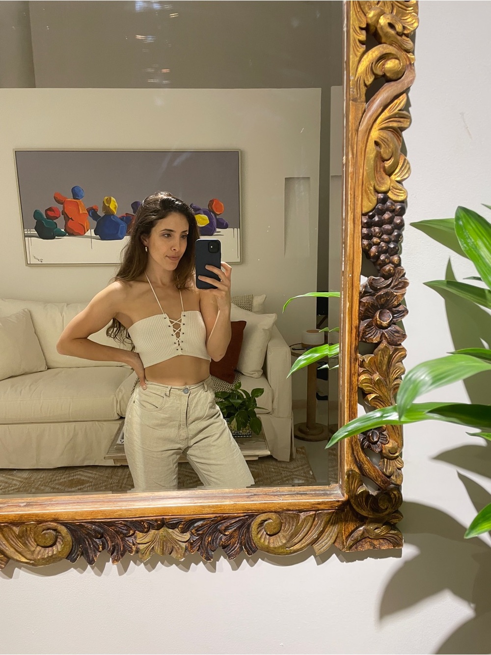 Reformation Cream Lace-Up Ribbed crop top/ waist corset belt